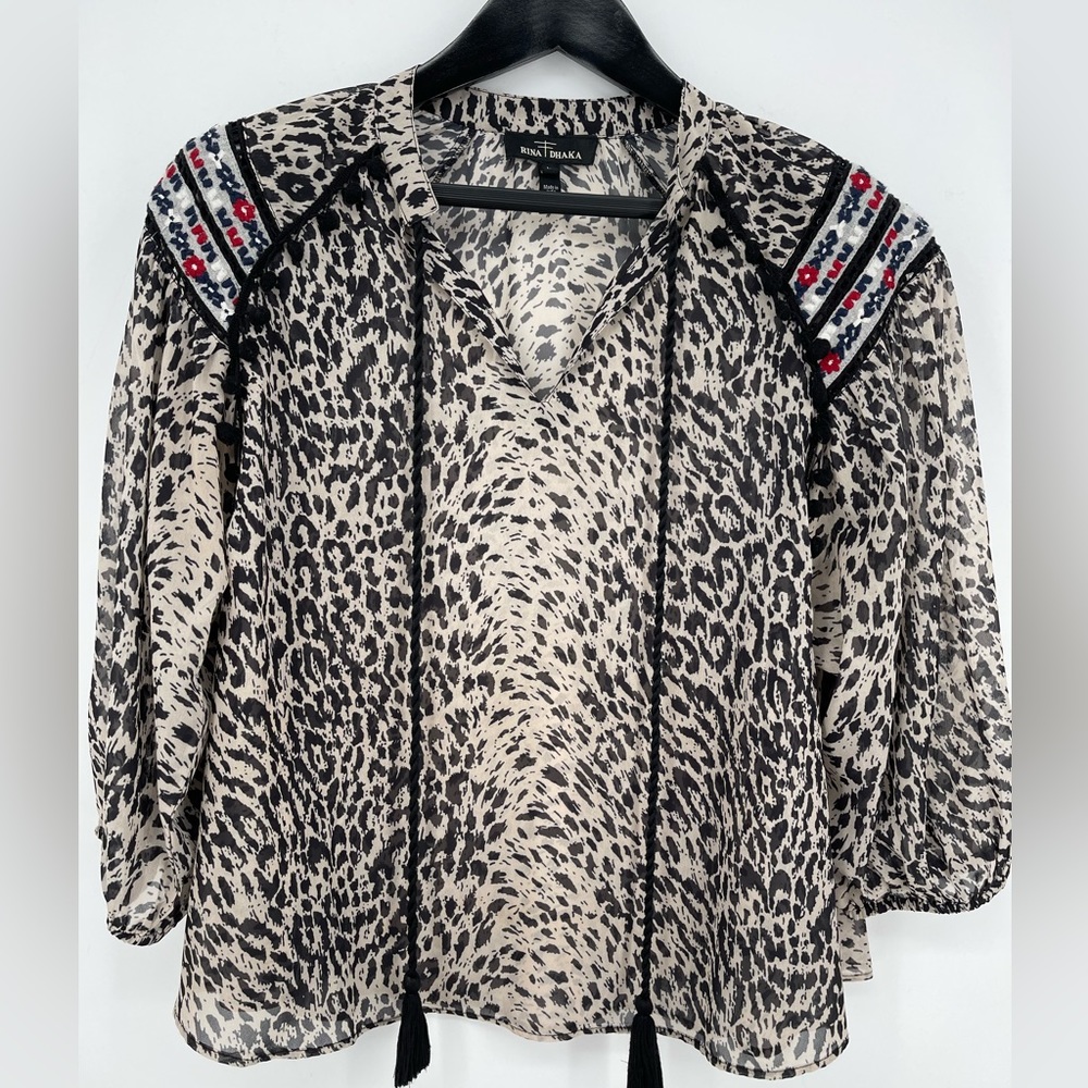 Anthropologie Rina Dhaka Jalisco Peasant Top‎ L Animal Print Embroidered Tassels